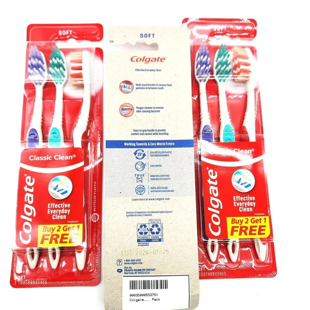 Colgate‎ Classic Clean Toothbrush Soft 3 Packs of 3 Total 9 Brushes New Sealed